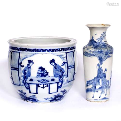 Porcelain blue and white small jardiniere Chinese, 19th Century having panels of figures 23cm and