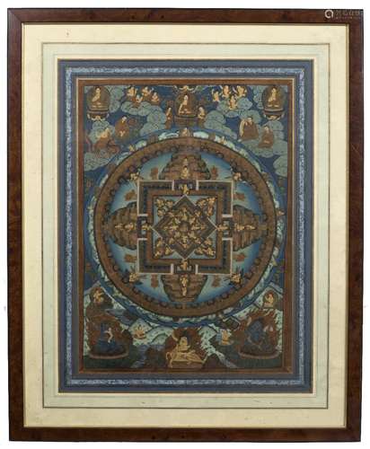 Mandala Tibetan, 20th Century painting on fabric, depicting concentric circles of deities 45cm x