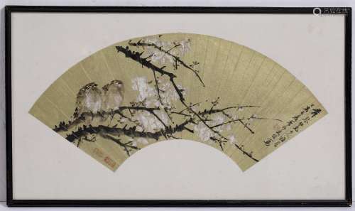 Fan study Chinese, 20th Century two birds sitting on a branch with blossom, inscribed and signed