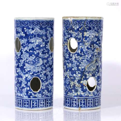Pair of blue and white cylindrical hat stands Chinese, 19th Century of blue ground with all over