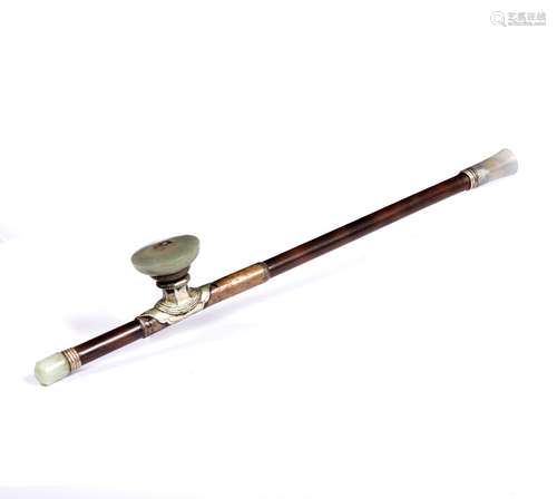 Opium pipe Chinese, late 19th century bamboo stem, copper and paktong saddle, jade mouthpiece,