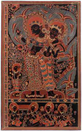 Lacquer panel Burmese with various deities. 73 by 46 cm