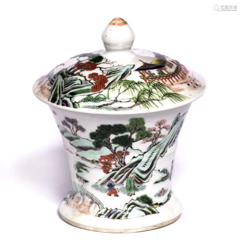 Famille rose lidded pot Chinese, probably Republican Period painted with rural scenes and finished