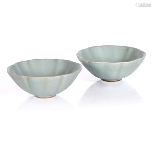 Pair of pale celadon glazed fluted petal shaped bowls Chinese, Longquan, Southern Song 5cm high x