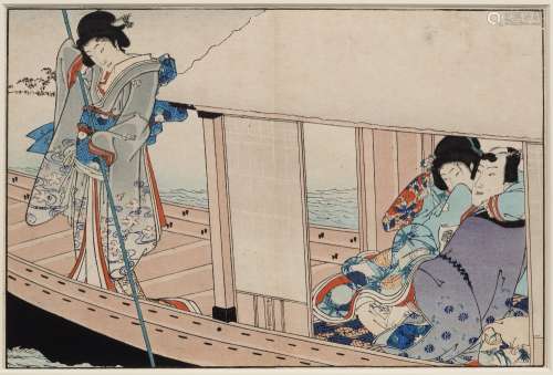A pair of shunga woodblock prints Japanese each depicting an erotic scene finished in a red and blue