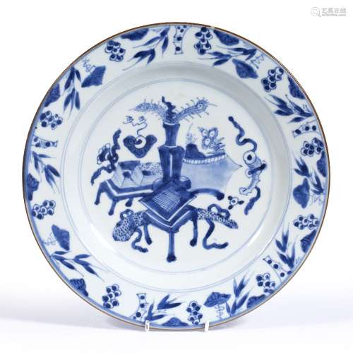 Blue and white export plate Chinese, 19th Century decorated with antiques 27.5cm