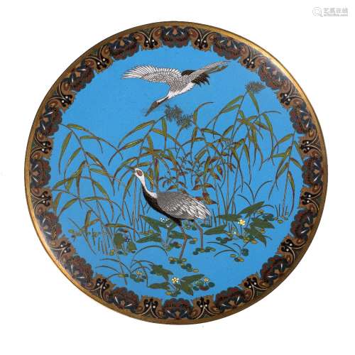 Cloisonne charger Japanese, late 19th Century two storks in bulrushes 30.5cm