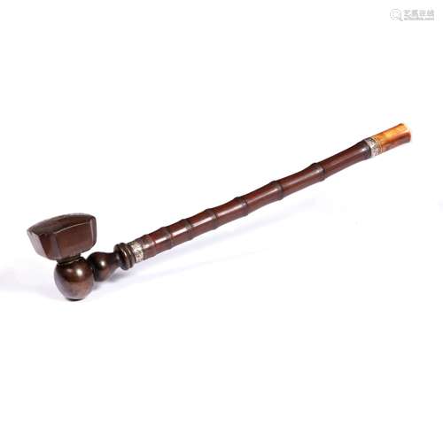 Opium pipe Chinese, early 20th century bamboo stem, ivory mouthpiece, walnut bowl holder with Yixing