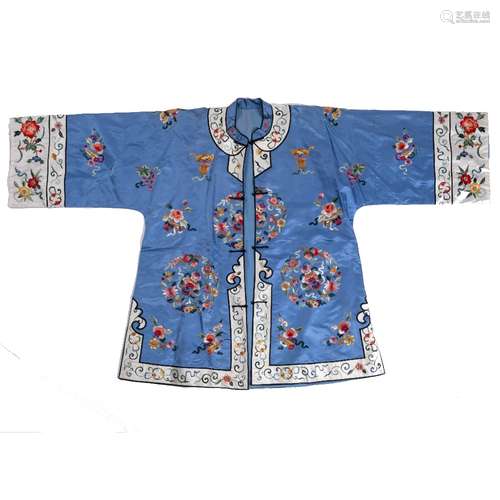 Blue silk embroidered jacket Chinese circa 1930 with bat,bird and floral decoration.