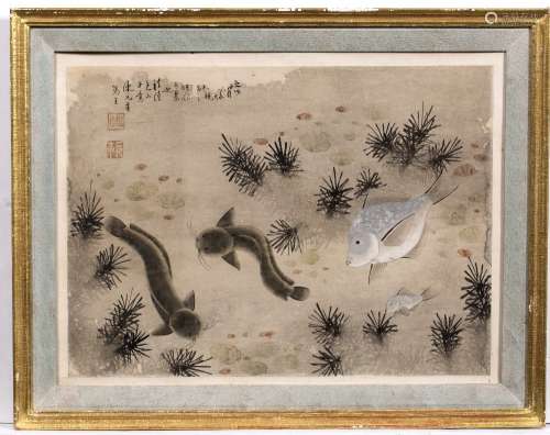 Ink wash painting Japanese depicting eels and fish, signatures and seal marks to upper left 45cm x