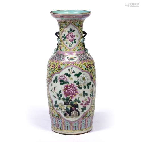 Canton vase Chinese, early 20th Century painted with a panel of peonies within a yellow surround