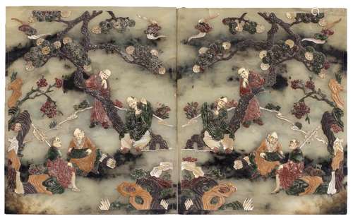 Pair of mottled jade panels Chinese, circa 1900 mounted with various hardstone and ivory mounts with