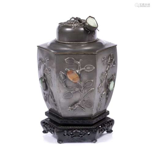 Pewter hexagonal tea caddy Chinese, 19th Century the cover and sides each with raised foliage having