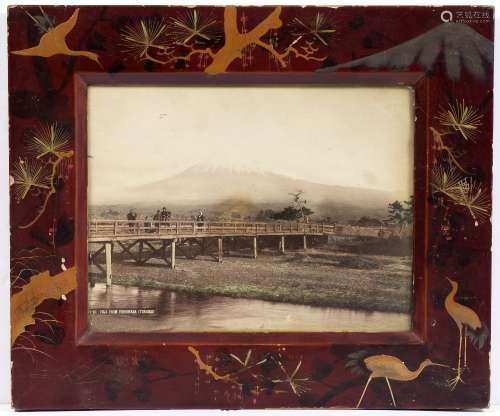 Pair of red lacquer picture frames Japanese, circa 1930 to include a view of Fuji from Yoshiwara (