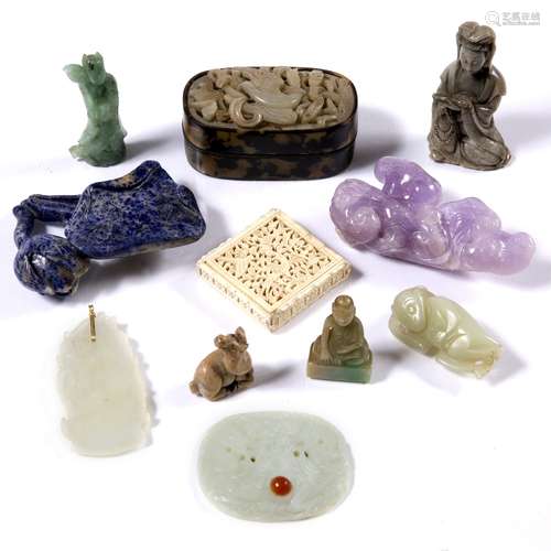 Group of jade lapis lazuli soapstone and ivory Chinese, 19th-20th Century to include an oval