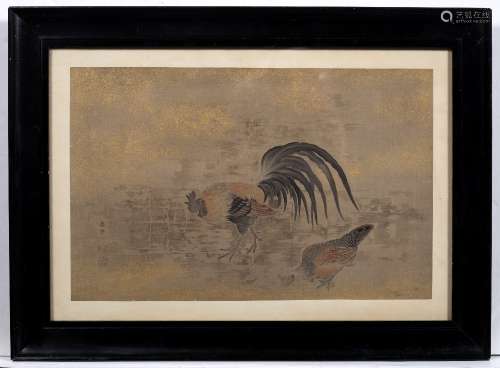 Woodblock print Japanese depicting a cockerel and hen, finished with a gold embellishment 38cm x