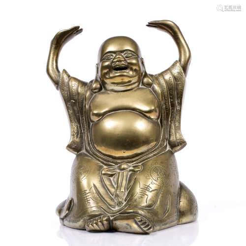 Bronze putai Chinese, circa 1930 the smiling figure with hands raised 24.5cm