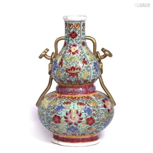 Double gourd vase Chinese, 19th/20th Century of turquoise ground, panels of lotus and other