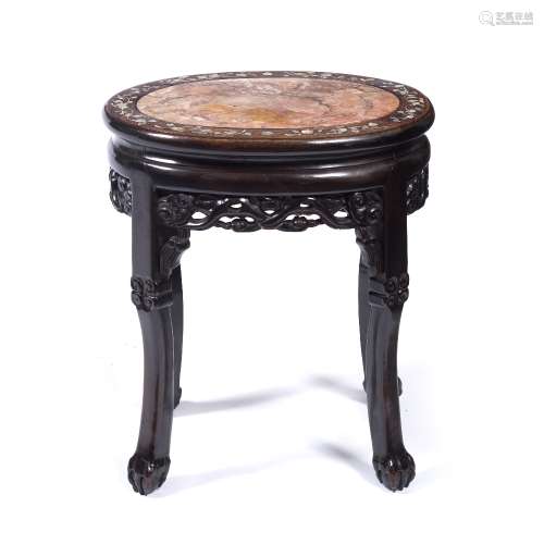 Hardwood stand Chinese, 19th century with marble inset top, decorated with a scrolling pattern of