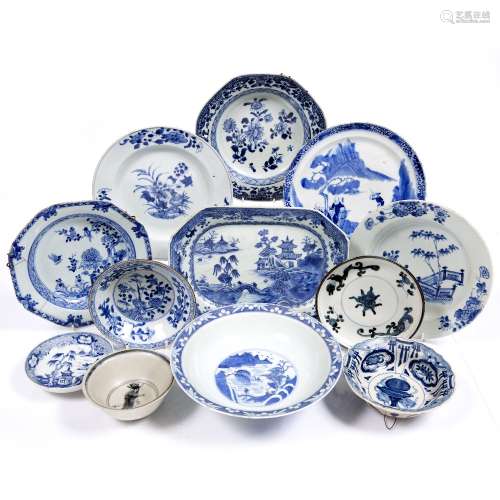 Quantity of blue & white porcelain Chinese,19th Century to include a plate depicting a river scene