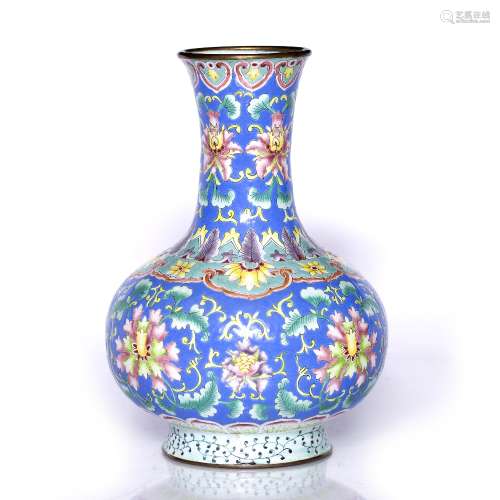 Cloisonne vase Chinese, 20th Century painted with peonies, palmettes and with ru-i border 22cm