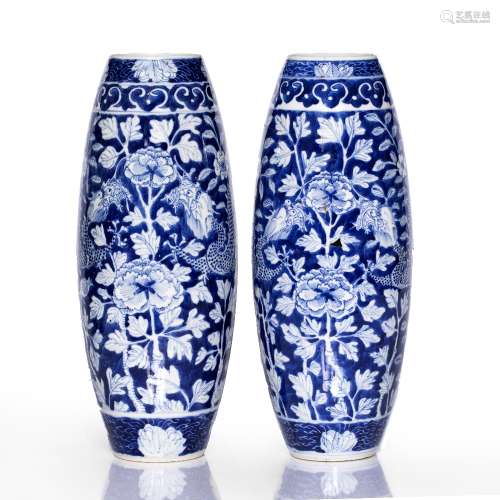 Pair of blue and white porcelain vases Chinese, 19th Century each with dragon and peony designs,