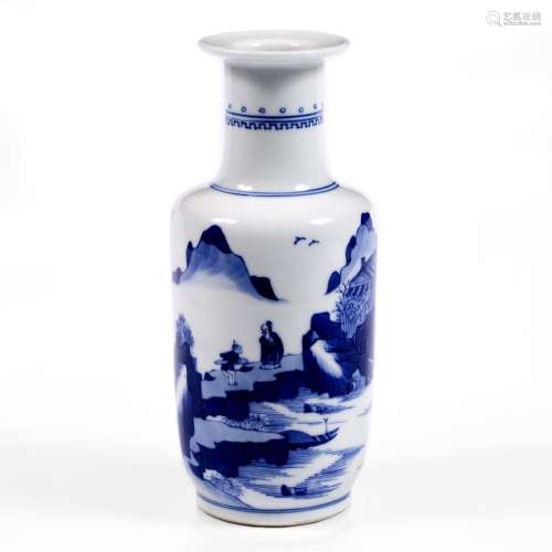 Blue and white rouleau vase Chinese, Kangxi (1662-1722) decorated with a seascape set within