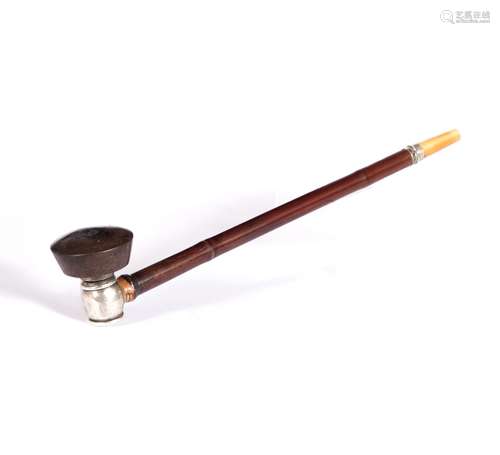 Opium pipe Thai, early 20th century bamboo stem, ivory mouthpiece, silver mounts with Yixing bowl