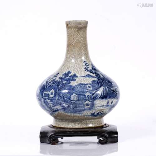 Crackleware vase Chinese, 19th Century painted with a blue mountainous landscape and river, with