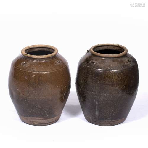 Pair of large brown glazed stoneware jars Chinese, possibly Ming period each finished with four