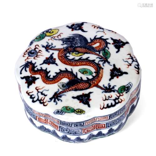 Doucai box and cover Chinese, 19th/20th Century decorated with dragon, clouds and flaming pearls,