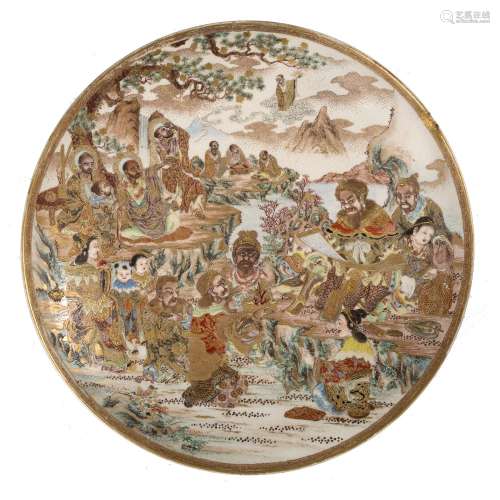 Satsuma charger Japanese, late 19th Century with all over Lohans in a landscape 30.5cm