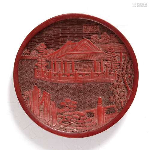 Red cinnabar lacquered plate Chinese, 19th/20th century decorated with a depiction of a small temple