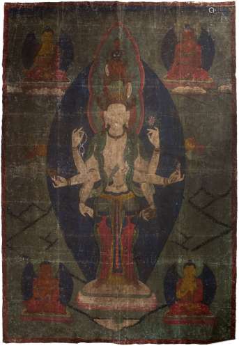 Temple thangka Tibetan, Early 19th century on cloth, with four attendant images of Buddha's, colours
