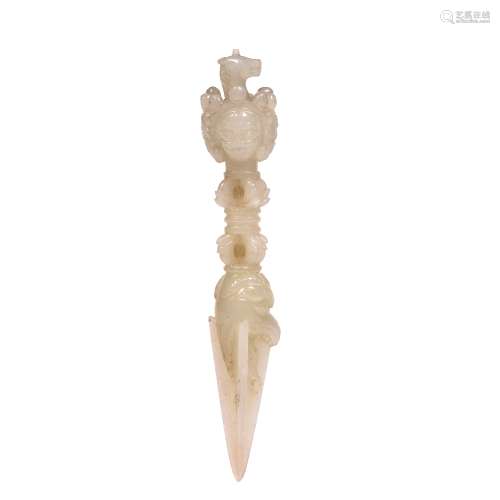 White jade carving of a Tibetan Dorje Chinese carved with a horse head finial supported by three