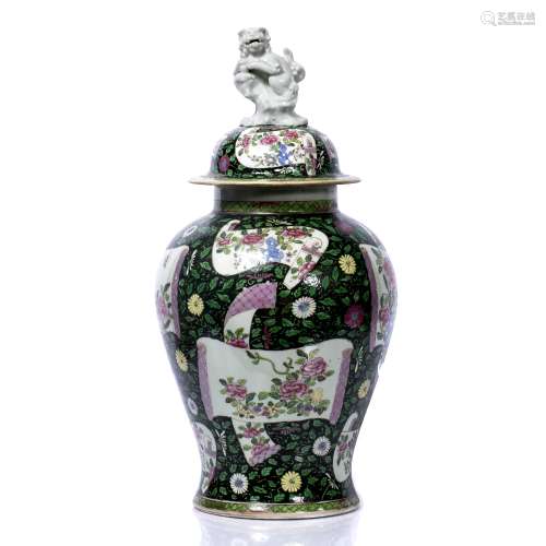 Famille rose vase and cover Chinese, 19th Century having reserve hand scroll type panels of