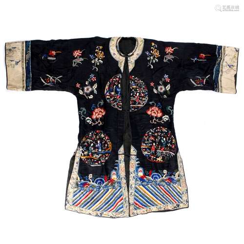 Black silk coat Chinese, circa 1900 with panels of figures, fruit and flowers