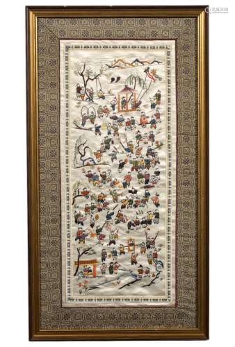 Embroidered panel Chinese, circa 1930 with 'Hundred Boy' decoration 54cm x 23cm