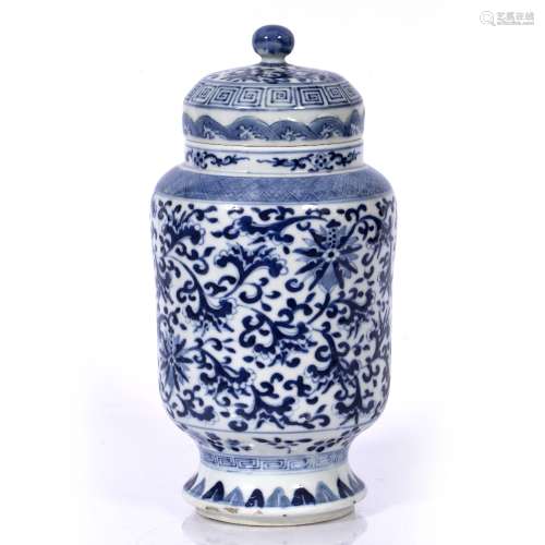Blue and white porcelain vase and cover Chinese, 19th Century with trailing Indian lotus design,