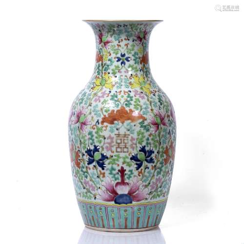 Canton vase Chinese, 19th Century painted in polychrome enamels with various flowers, bats and
