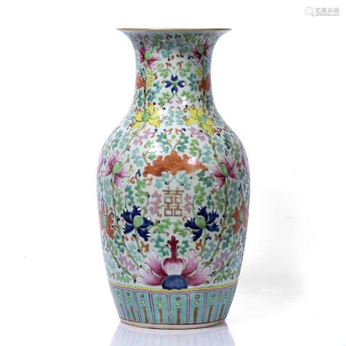 Canton vase Chinese, 19th Century painted in polychrome enamels with various flowers, bats and