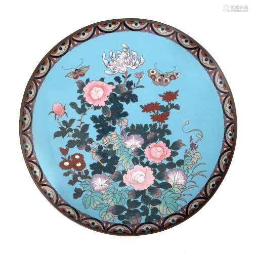 Cloisonne charger Japanese, circa 1900 butterflies amongst peonies and chrysanthemums 30cm