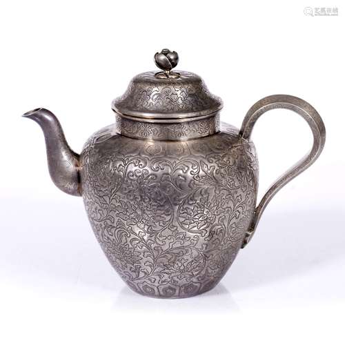 White metal teapot Chinese 19th Century engraved with trailing foliage and ru-i handle and