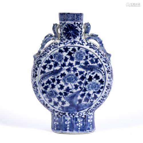 Blue and white moon flask Chinese, 19th Century painted with two phoenix and flowering lotus 27cm