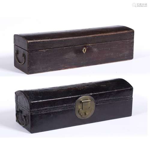 Two travelling pipe boxes Chinese, 20th century the first in leather (45 cm x 15 cm 14 cm), the