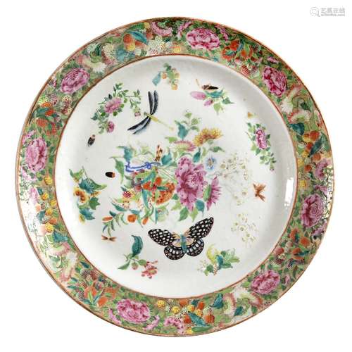 Canton charger Chinese, 19th Century painted enamels with dragonflies, butterflies and flowers 42cm