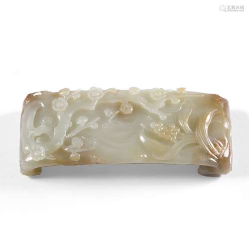 Mutton fat and rust tinted jade brush rest Chinese, 18th Century of elongated table style, the upper