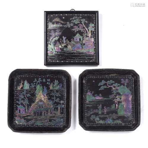Pair of lacquer burguette square trays Chinese, early 19th Century inlaid with mother of pearl