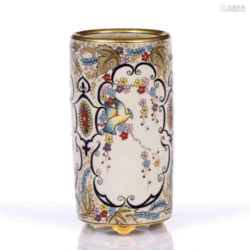 Satsuma cylindrical vase Japanese, early 20th Century enamelled with birds 15cm
