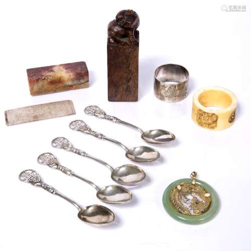 Group of pieces Chinese to include five white metal spoons, a jade and gilt metal pendant, two